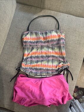 Hula Honey Pink Swim Skirt with Multicolor Zigzag Tankini
